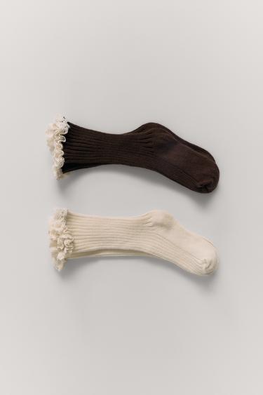 TWO-PACK OF LACE TRIM SOCKS - Ecru / Brown by Zara