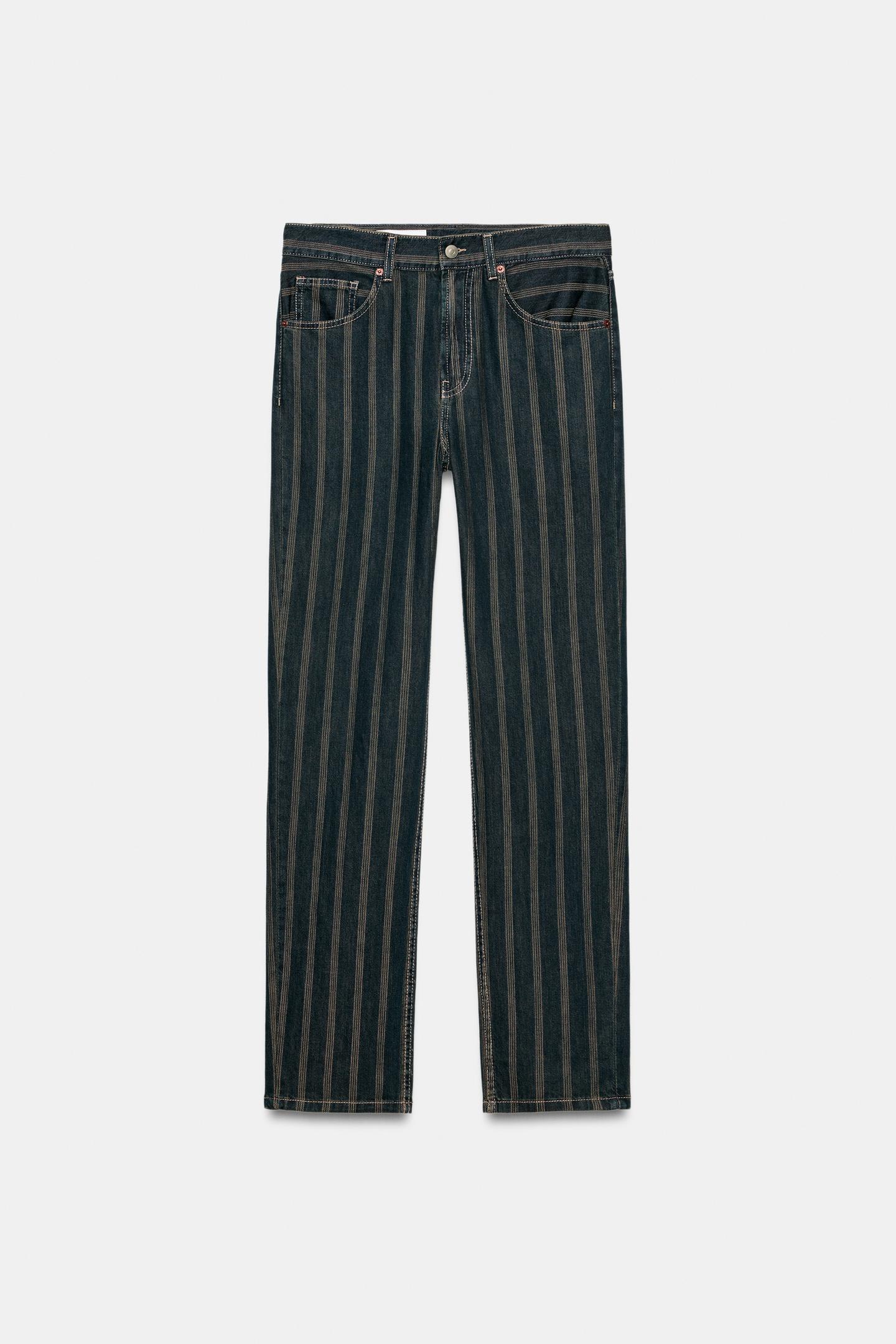 Женские джинсы Zara Trf Mid-Rise Striped Straight-Fit, цвет: Тёмно-синий — фото 5