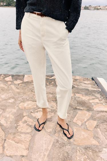 Zara BRAIDED BELT CHINO PANTS - Ecru