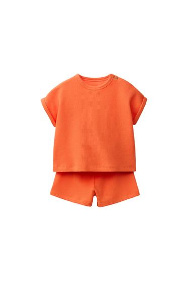 EFFEN WAFFLE T-SHIRT EN BERMUDA SET - Oranje van Zara