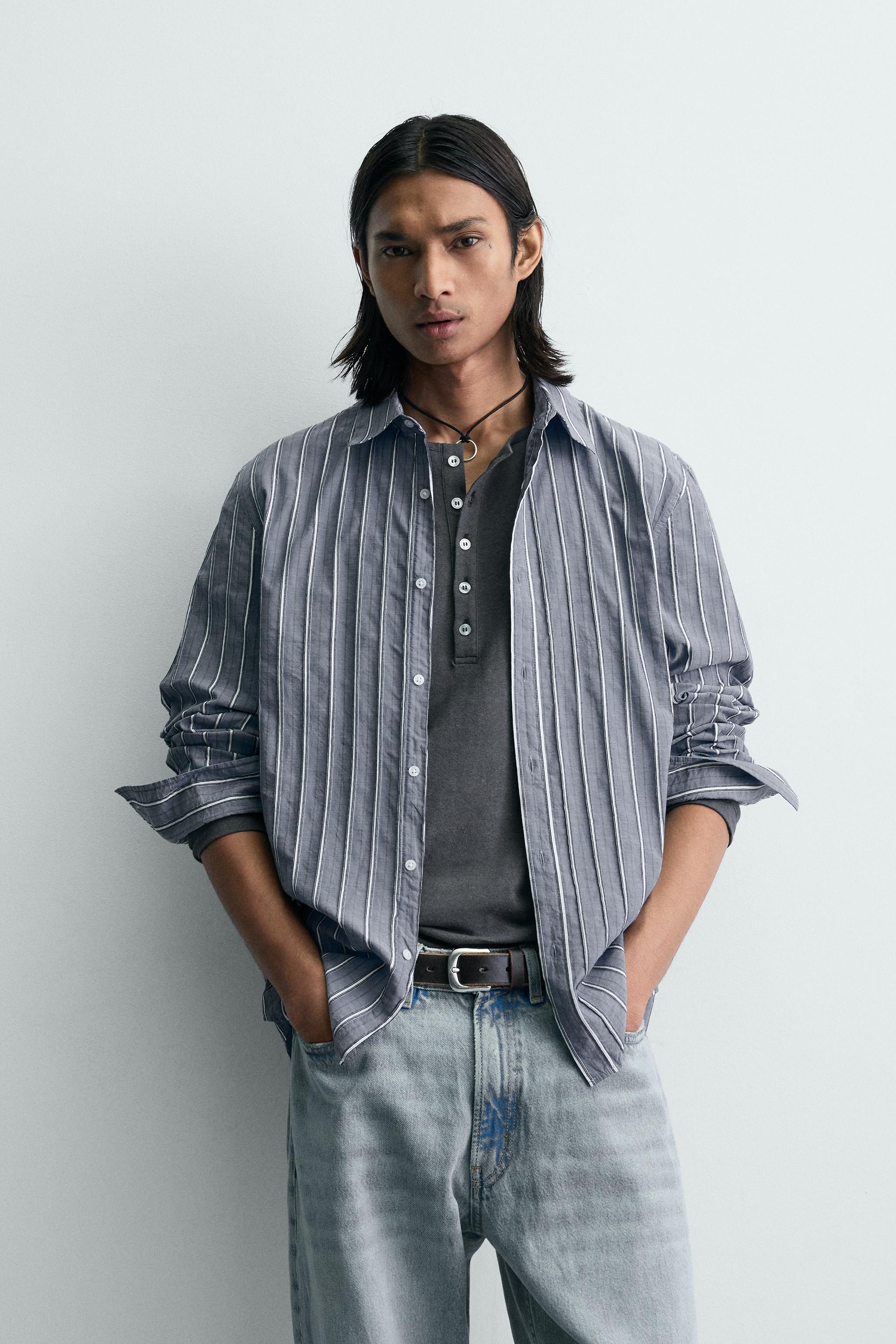 RELAXED FIT STRIPED JACQUARD SHIRT — Blue