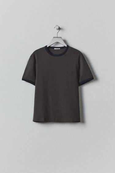 Zara BASIC CONTRAST RIB T-SHIRT - Anthracite grey