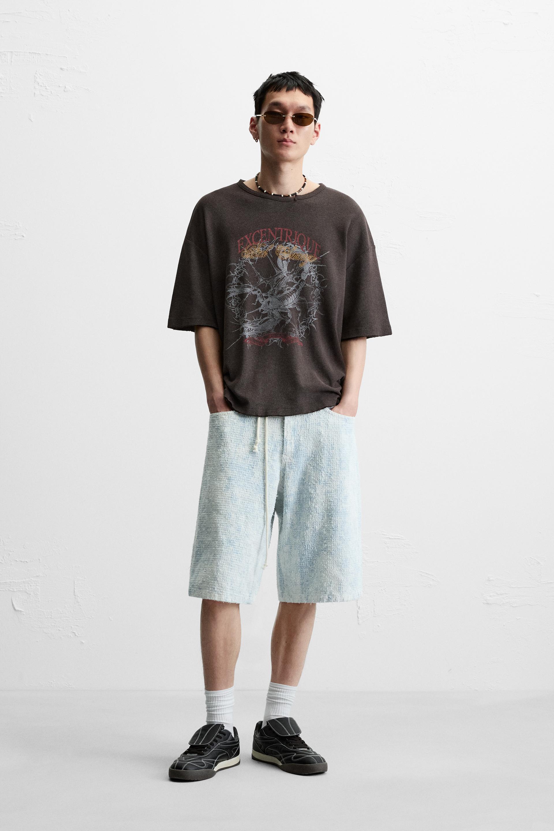 SCRATCHED BAGGY FIT DENIM SHORTS