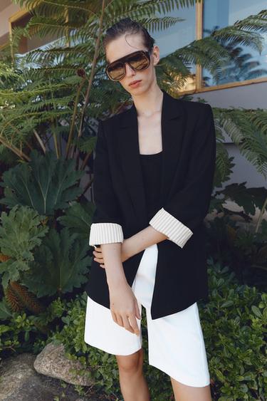 BLAZER WITH LINEN ROLLED-UP SLEEVES - Black by Zara