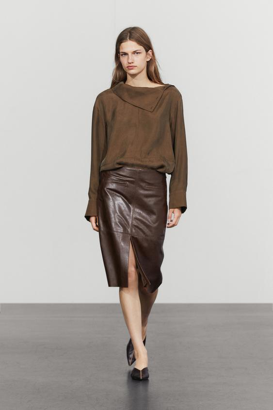 Zara Leather midi skirt with pockets - Chocolate - Image 0