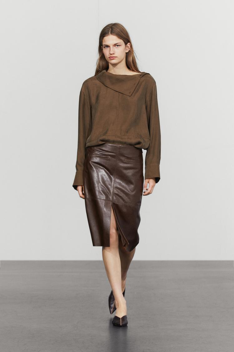 Leather midi skirt with pockets — Chocolate