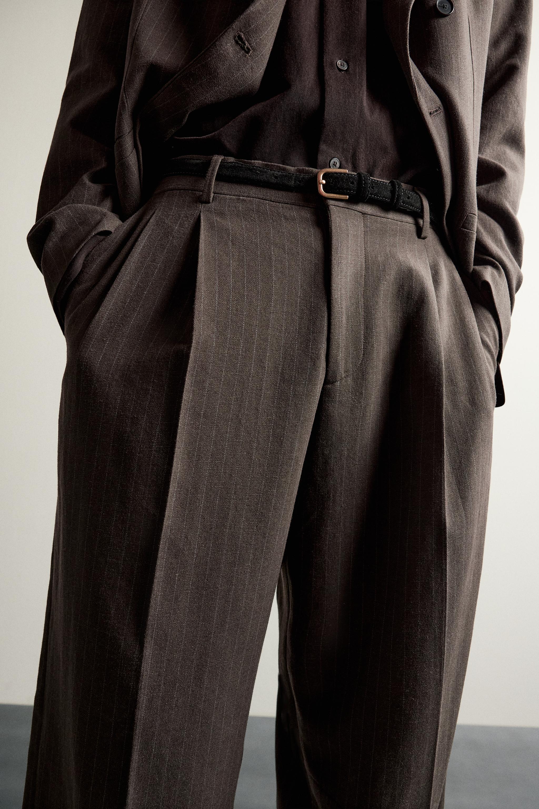 PINSTRIPE PLEATED SUIT PANTS