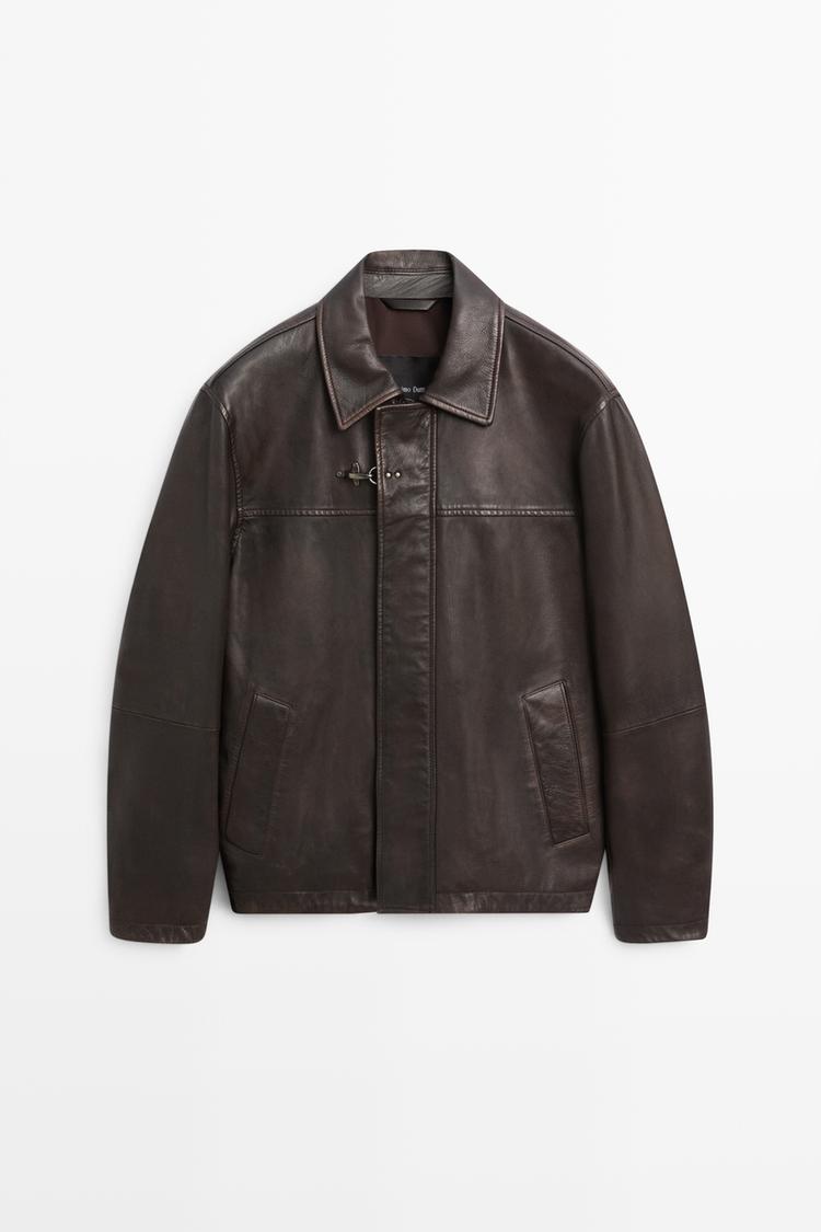 Nappa leather jacket with toggle details — Brown