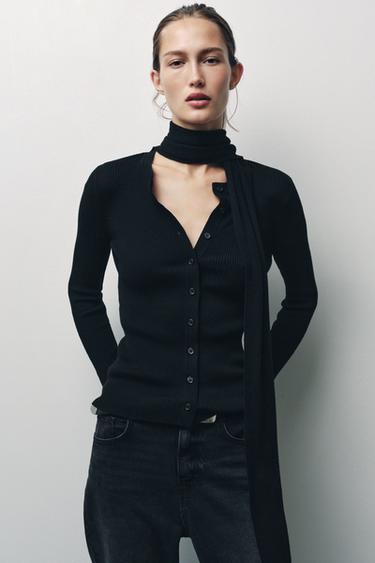 RIB KNIT CARDIGAN WITH SCARF - Black by Zara