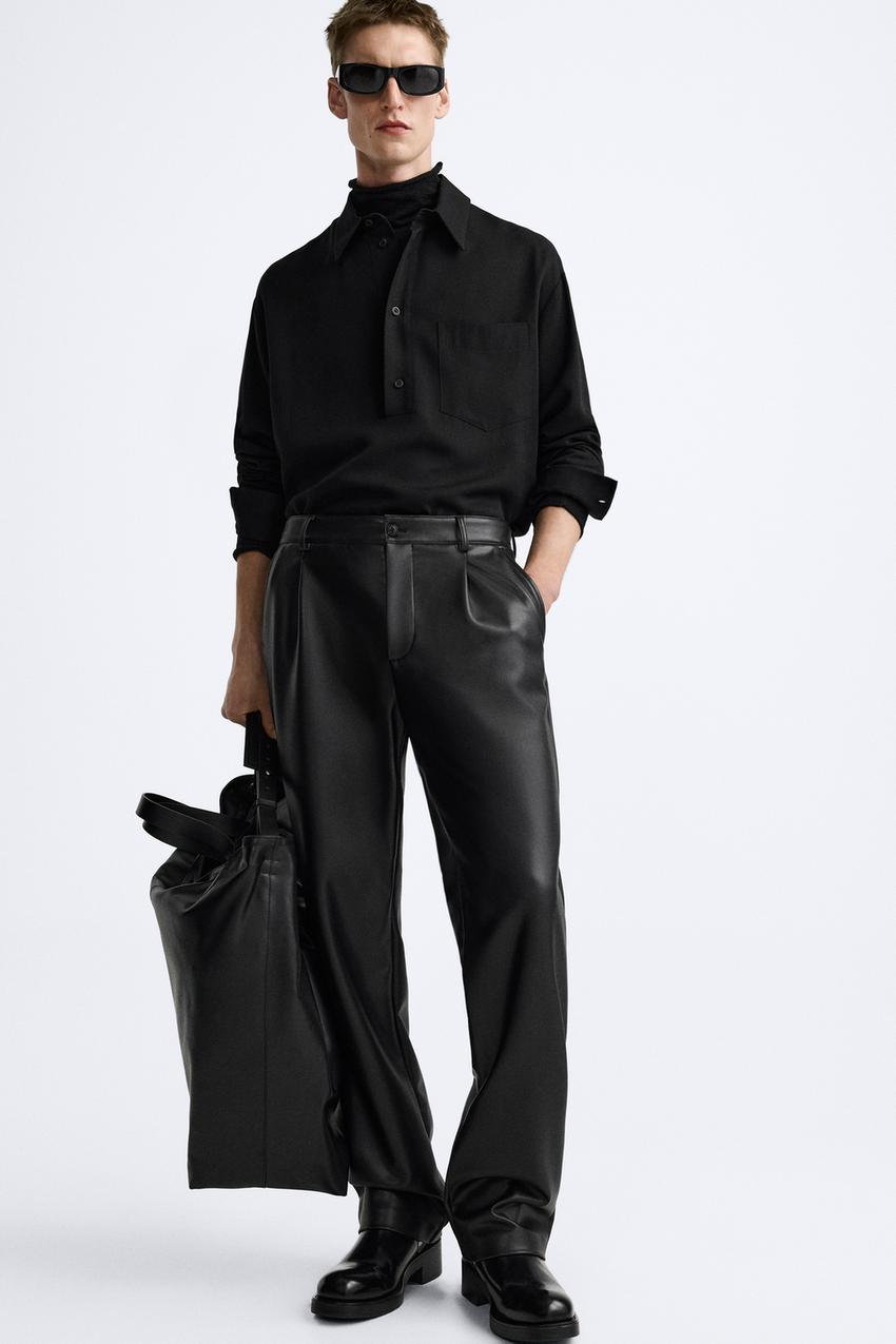 Zara Womens Faux Leather Elastic Waist Tapered Joggers Pants Black