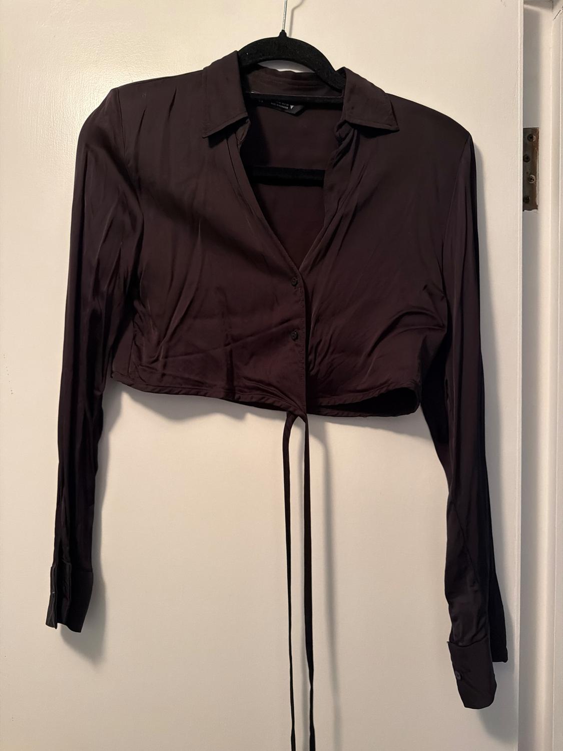 Dark brown long-sleeved cropped shirt hanging on a black hanger over a white door.