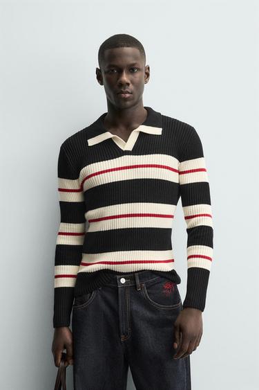 STRIPED JACQUARD KNIT POLO SHIRT - Black by Zara