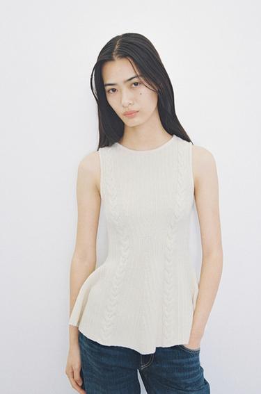CABLE KNIT PEPLUM TOP - Ecru by Zara