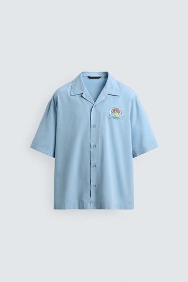 RELAXED FIT LYOCELL-COTTON PRINTED SHIRT - Light blue by Zara
