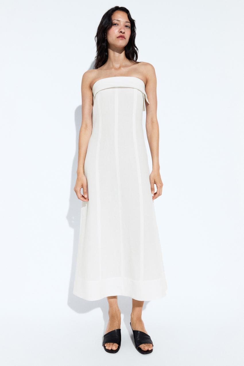 strapless linen blend midi dress Strapless Linen Blend Twist-Front Midi Dress