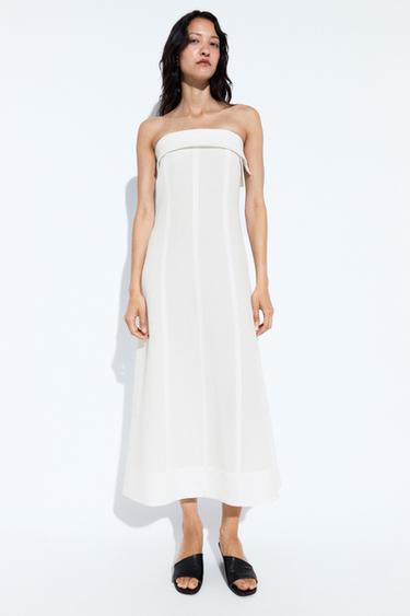 Robe midi bustier en lin - Blanc de Zara - Image 0