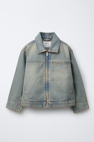 Zara DISTRESSED DENIM JACKET - Blue / Green
