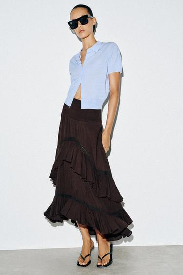 FALDA MIDI VOLANTES - Marrón de Zara