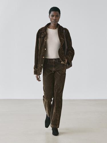 Zara Low-rise straight-leg flocked jeans - Khaki