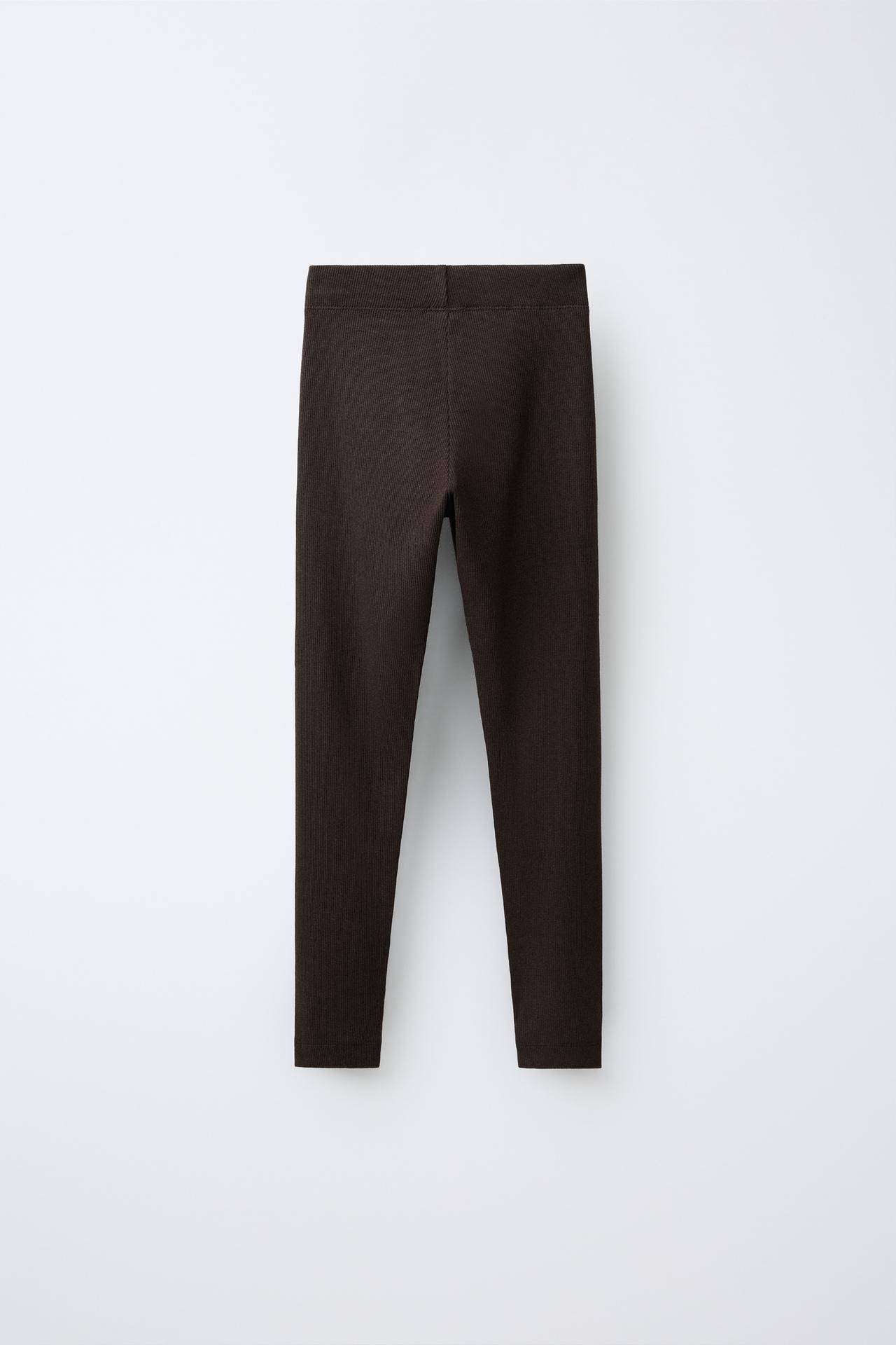 LABEL DETAIL RIBBED LEGGINGS — Brown