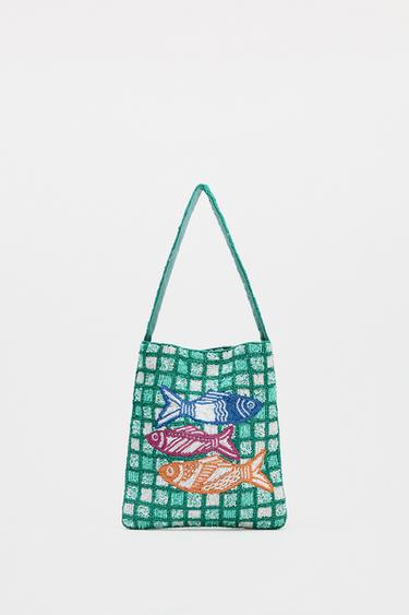 FISH BEADED MINI BUCKET BAG - Green by Zara - Image 0