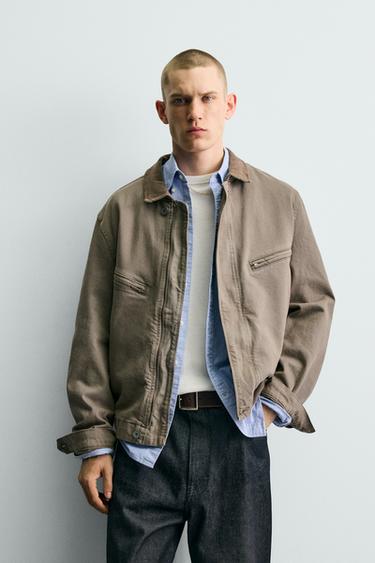 CROPPED FIT JACKET WITH CORDUROY COLLAR - Khaki by Zara