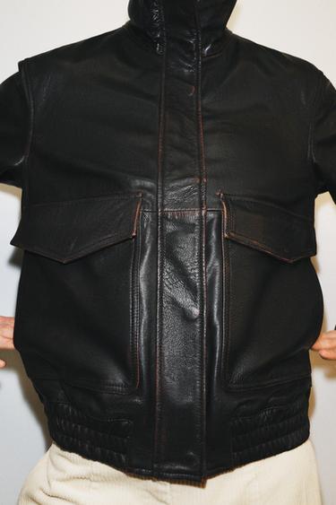 100% LEATHER BOMBER JACKET ZW COLLECTION LIMITED EDITION - Black by Zara