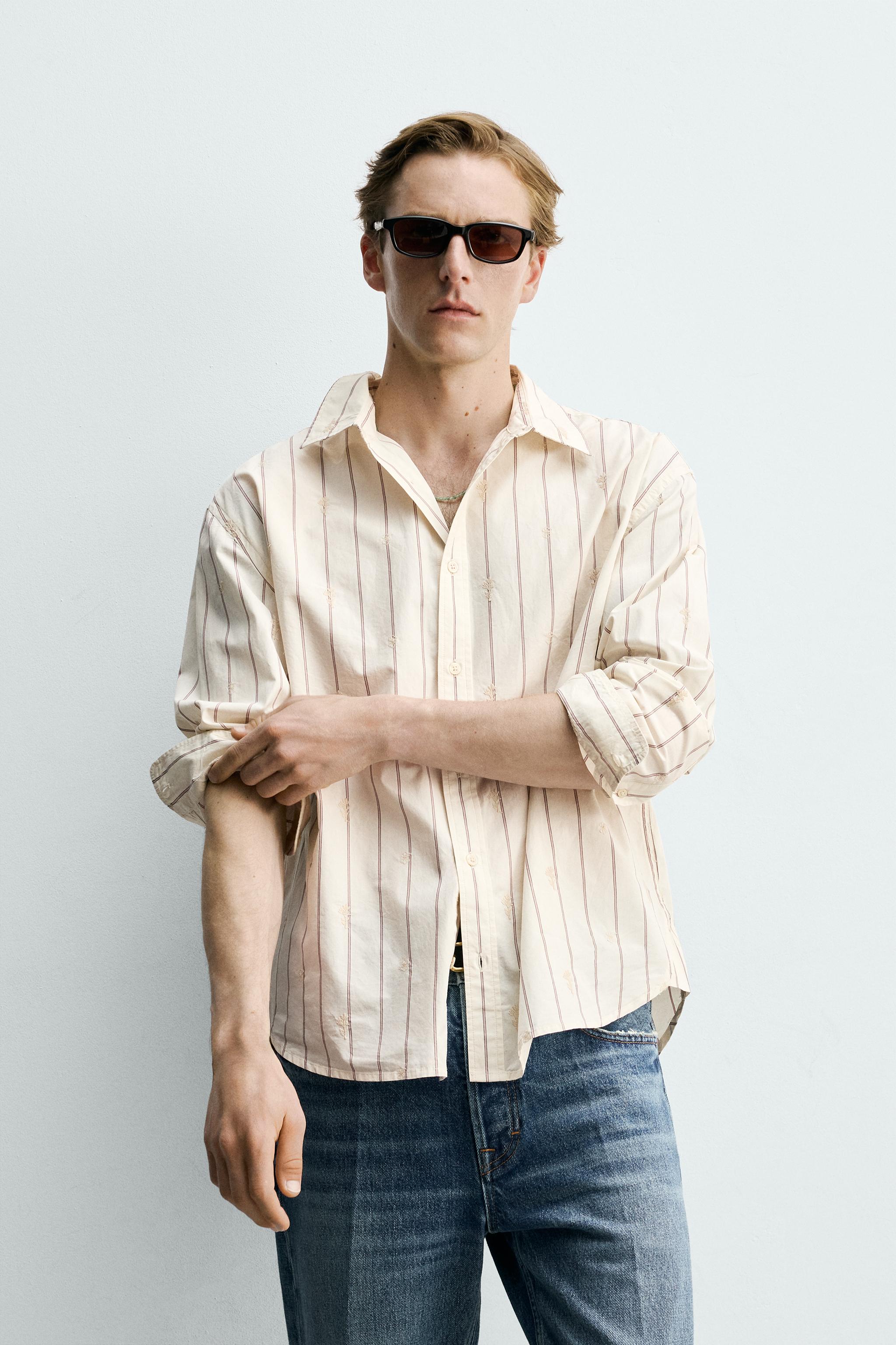 STRIPED SHIRT WITH FLORAL EMBROIDERY — Ecru