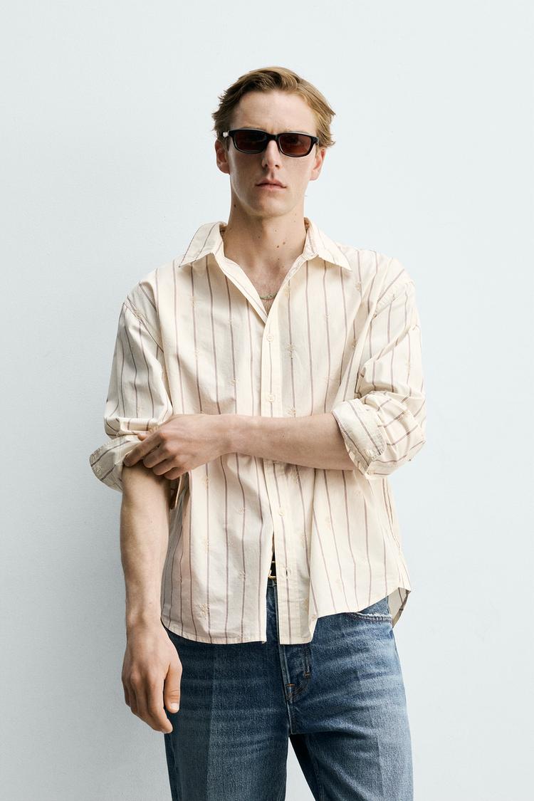 ZARA STRIPED SHIRT WITH FLORAL EMBROIDERY