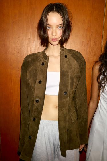 Zara 100% SUEDE LEATHER FITTED JACKET - Light khaki