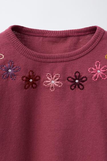 Zara CONTRAST EMBROIDERY T-SHIRT - Burgundy