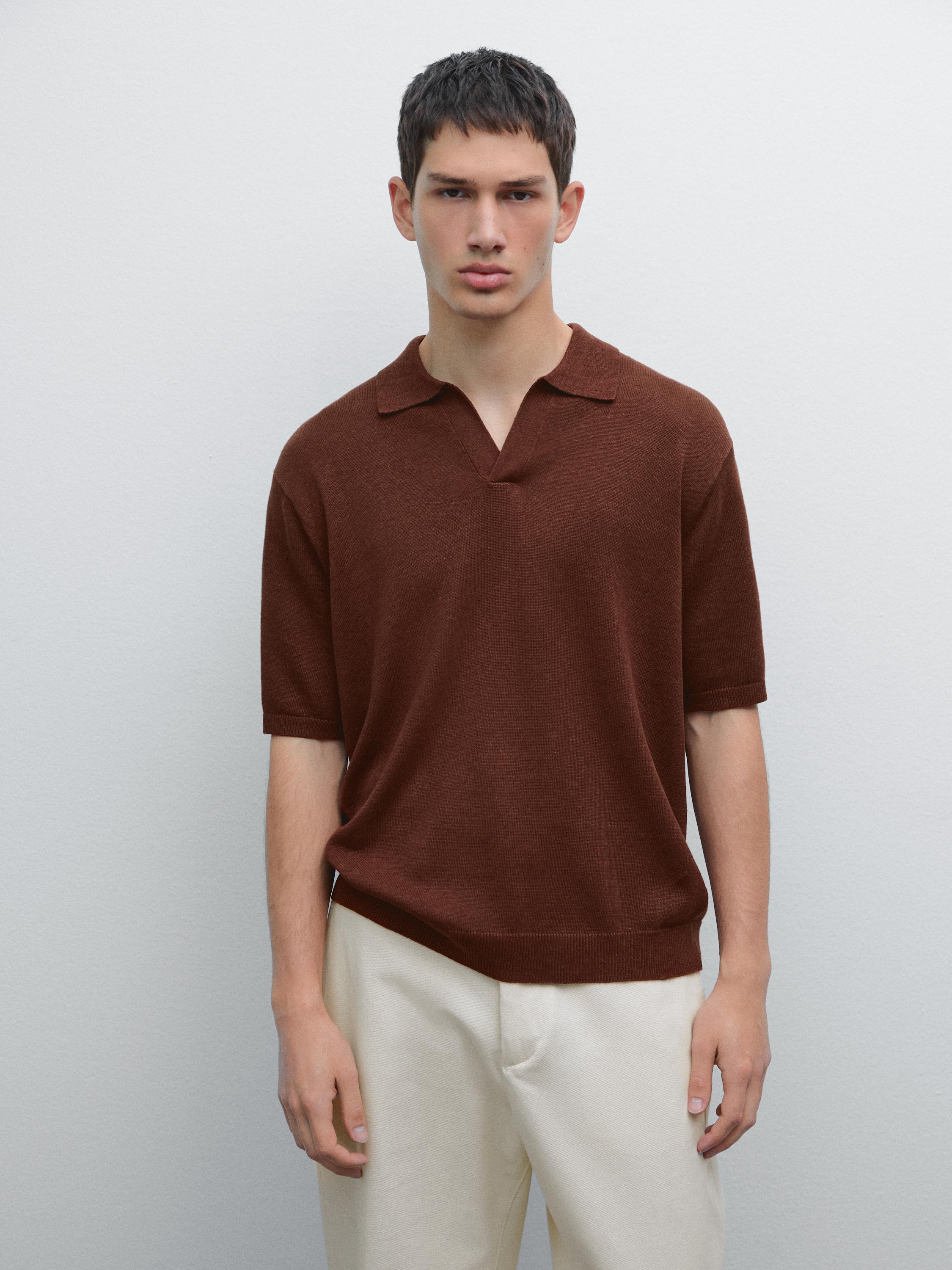 Cotton and linen blend knit V-neck polo shirt - Terracotta
