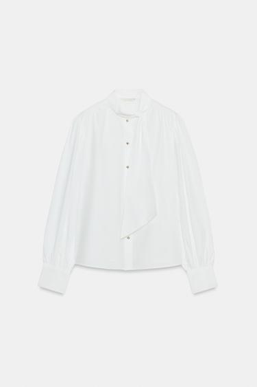 Zara SCARF DETAIL JEWEL BUTTON SHIRT - White