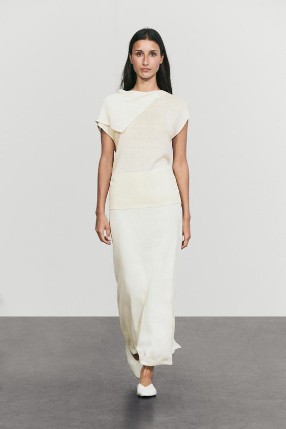 Zara Linen blend knit midi skirt - Oyster-white - Image 0