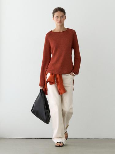 Pull en maille col rond en lin - Orange brûlé de Zara