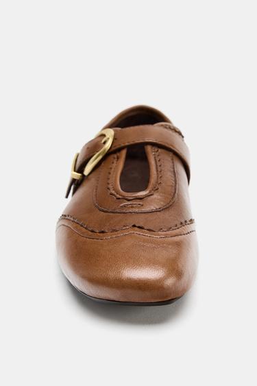 LEATHER BROGUE BALLERINAS - Brown by Zara - Image 3
