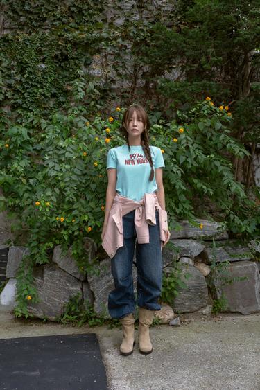 T-SHIRT WITH SLOGAN - Turquoise by Zara