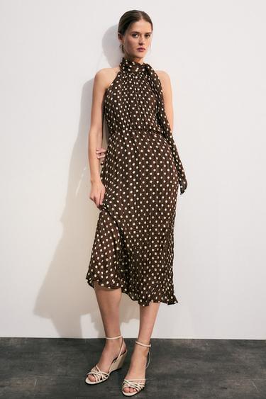 Zara POLKA DOT BOW MIDI DRESS - Brown / Ecru