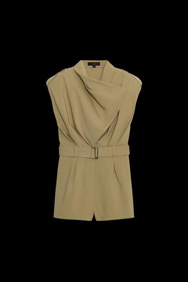 Zara SHOULDER PAD BELTED SHORT JUMPSUIT - Light khaki - Image 0
