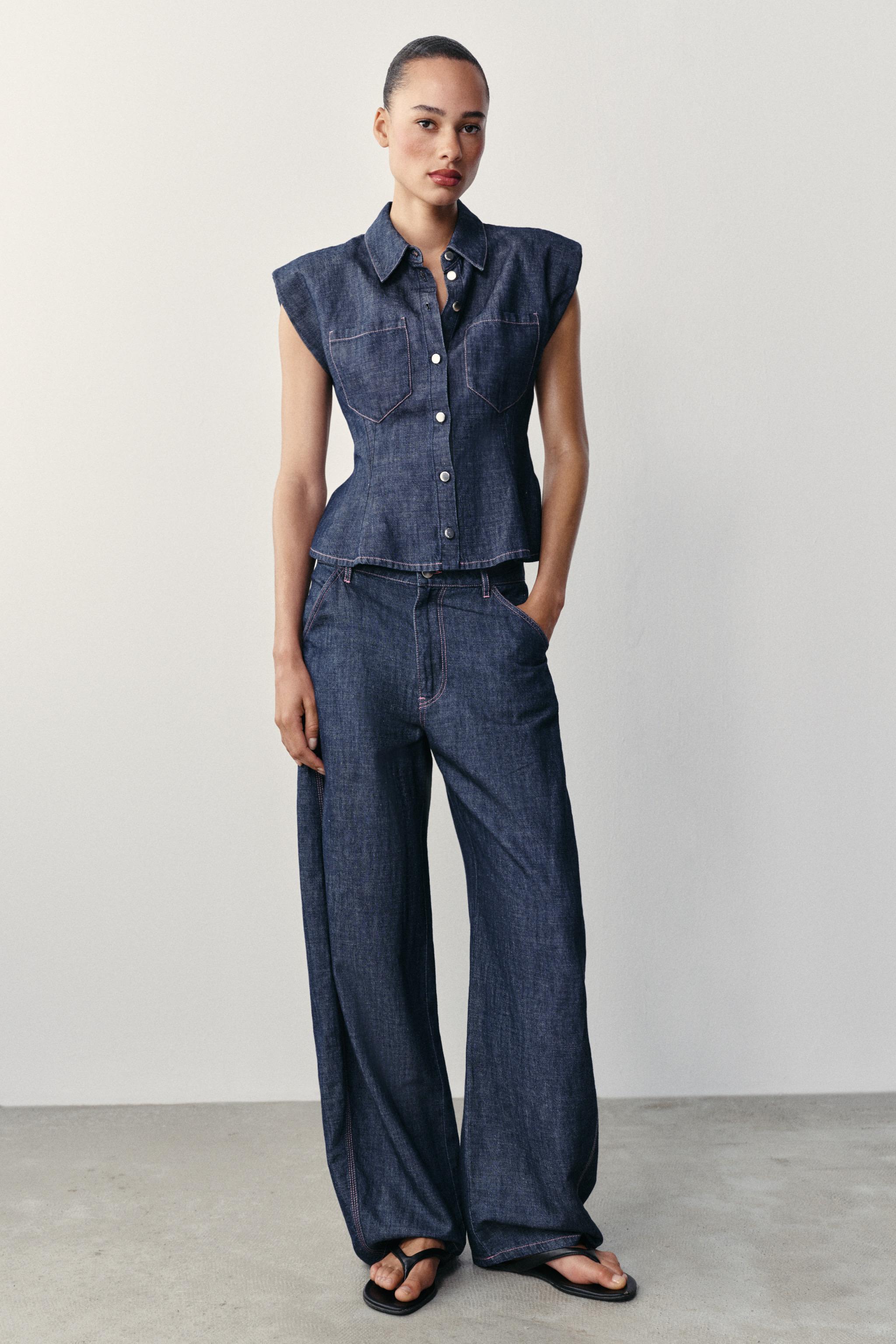 LINEN BLEND PEPLUM SHIRT WITH SHOULDER PADS — Indigo