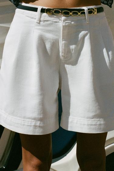 Zara Z1975 DENIM PLEATED SHORTS WITH BELT - White