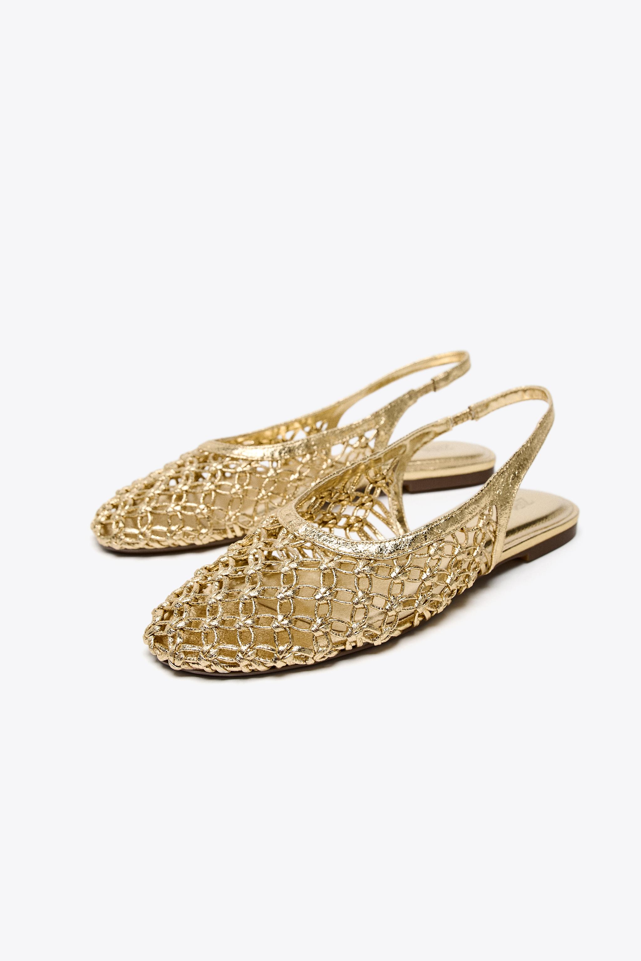 【ZARA】メタリック加工の編み込みスリングバックシューズ メタリック加工の編み込みスリングバックシューズ - ゴールド