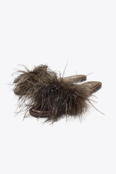 FEATHER FLAT SANDALS - Chocolate Brown by Zara - Image 1