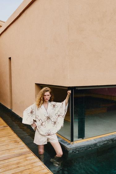 Zara EMBROIDERED CAFTAN BLOUSE - Ecru / Brown