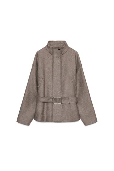 ÁO KHOÁC PHA LEN DÁNG NGẮN KÈM THẮT LƯNG - Màu xám đậm từ Zara