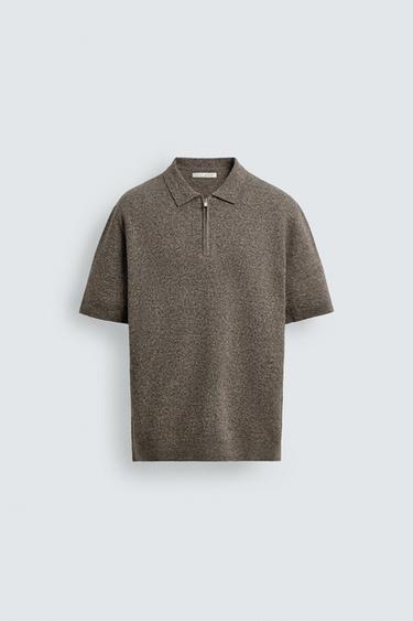 KNIT POLO SHIRT WITH ZIP - brown/white by Zara