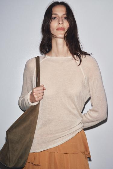 Zara LONG SLEEVE T-SHIRT WITH WOOL - Ecru