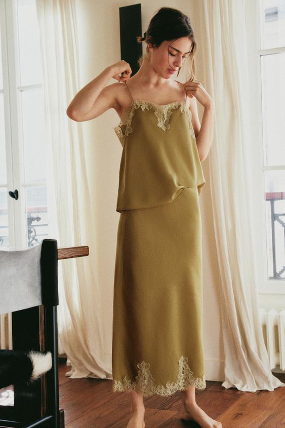 Zara LACE MIDI SKIRT - Mustard - Image 0