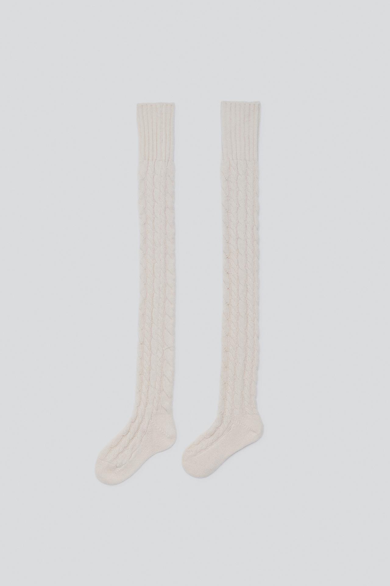 100% WOOL CABLE-KNIT TIGHTS — Light beige