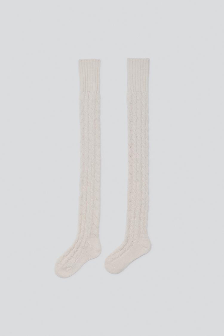 100% WOOL CABLE-KNIT TIGHTS — Light beige